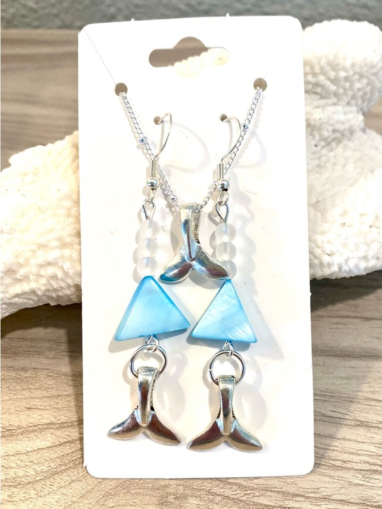 Jewelry - 13. Silver Mermaid Tail and Blue Shell Triangle Drop Earrings